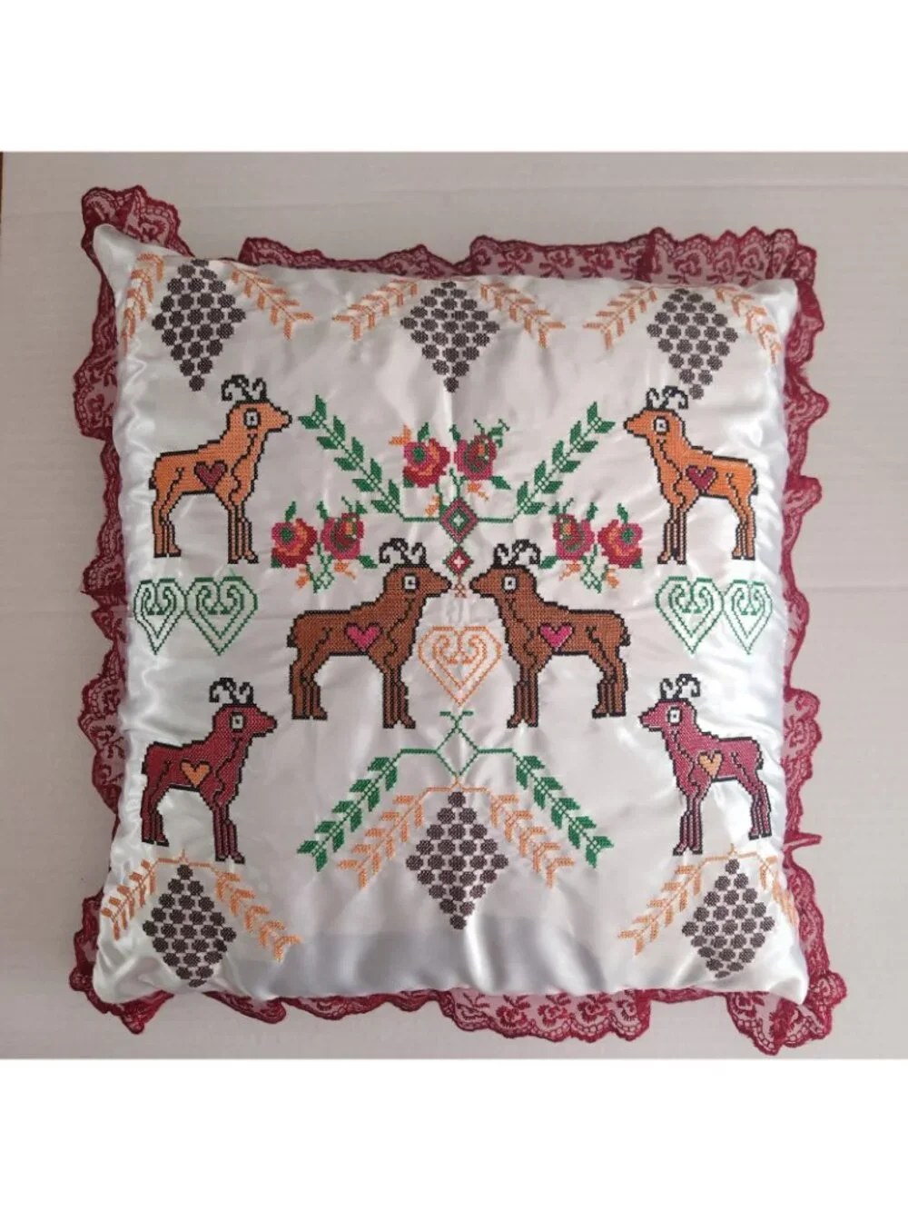 Artisan Handmade Embroidered Slavic Folk Pillow Cover Cottagecore White Satin